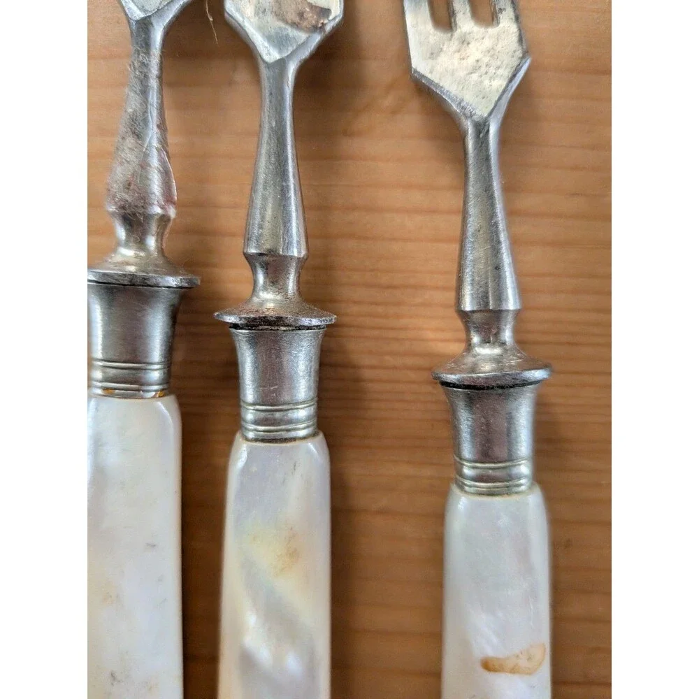 Antique Mother of Pearl and Nickel Fruit Set 7 Knives 6 Forks Friedrich Neef